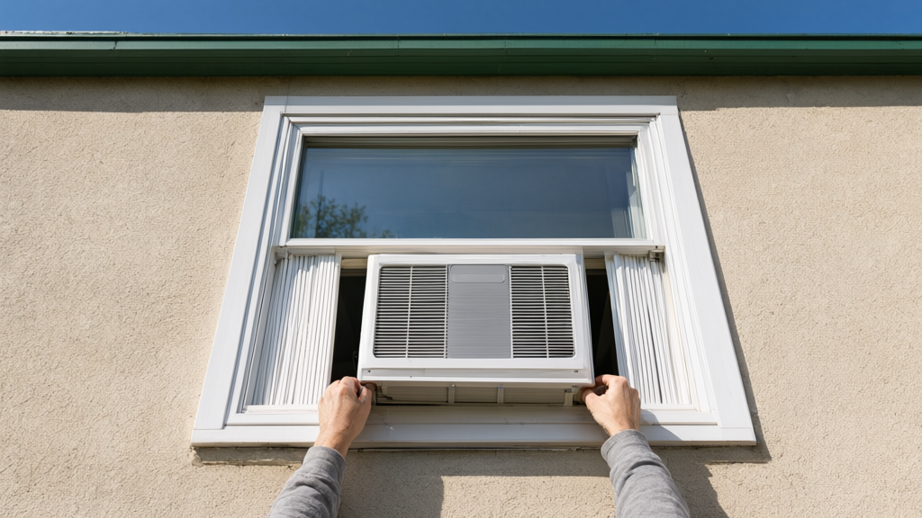 Editorial illustration of Window AC installation for AB 1684: California Bill Limits HOA Power Over AC Units