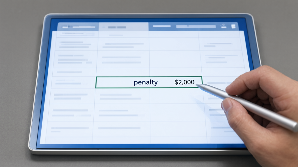 Editorial illustration of Digital ledger showing penalty cap for What financial penalties can an HOA face for willfully violating AB 1684?