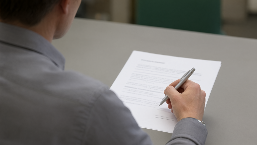 Editorial illustration of Administrator reviewing affidavit for What are the specific civil penalties for submitting a false affidavit or intentionally complying with a prohibited request under AB 1930?