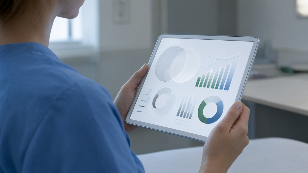 Editorial illustration of Clinician reviewing AI bias summary on tablet for What specific details about an AI system's training data and performance must health facilities include in their inventory under AB 2575?