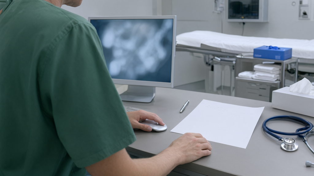 Editorial illustration of Clinician reviewing patient chart for How does AB 2575 change the legal liability for AI developers if a health care worker fails to override a harmful AI recommendation?