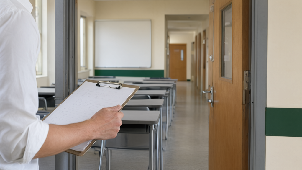 Editorial illustration of Facilities manager with inventory clipboard for Which specific assets and liabilities are transferred from USF Sarasota-Manatee to New College of Florida under H5601?