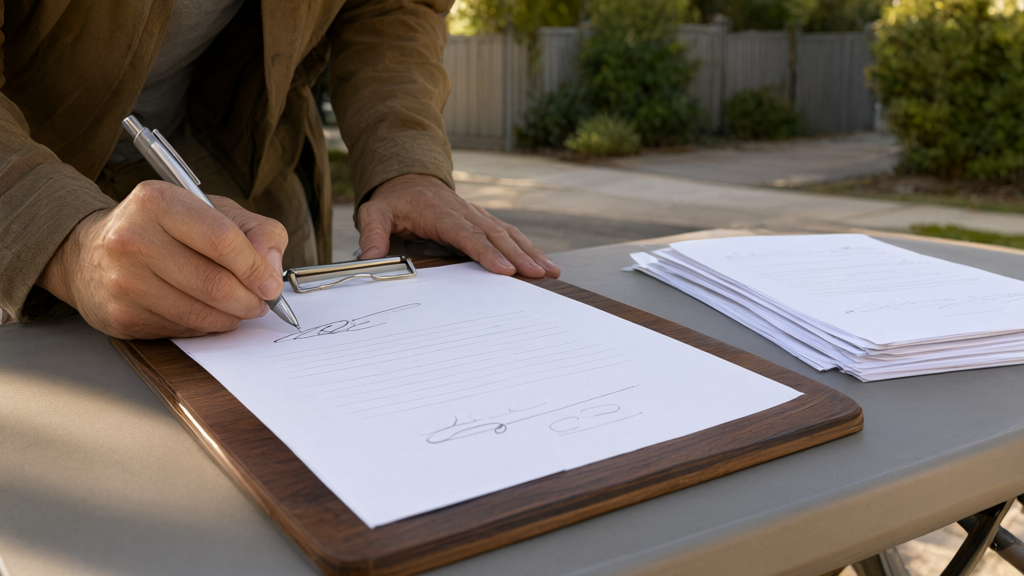 Editorial illustration of Voter signing initiative petition for California Citizen Ballot Initiatives: A Guide to Statewide Qualification