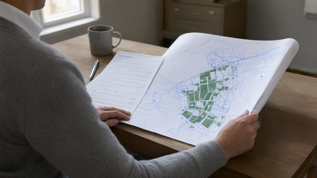 Editorial illustration of Planner reviewing site map and grant form for Can small cities use these new grant funds to pay for engineering and planning before construction begins?