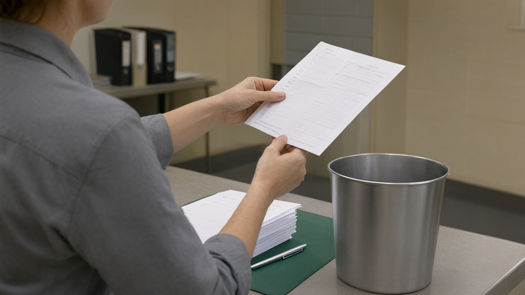 Editorial illustration of Clerk discarding ranked-choice ballot sample for What is the current status of House Bill 4707 in the Michigan Senate?