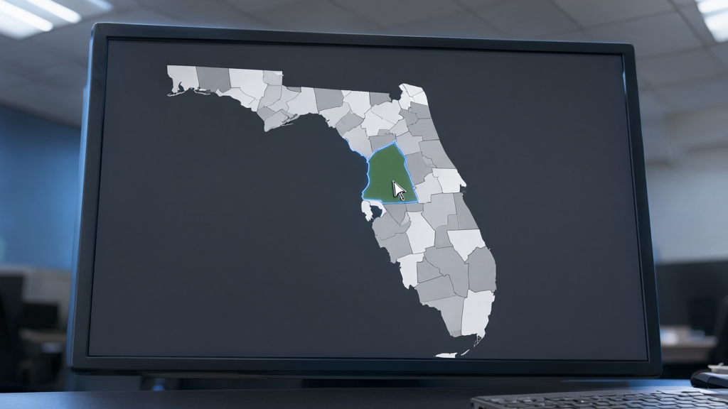 Editorial illustration of Digital district map interface for Florida's 2026 Congressional Map: What H0001 Changed