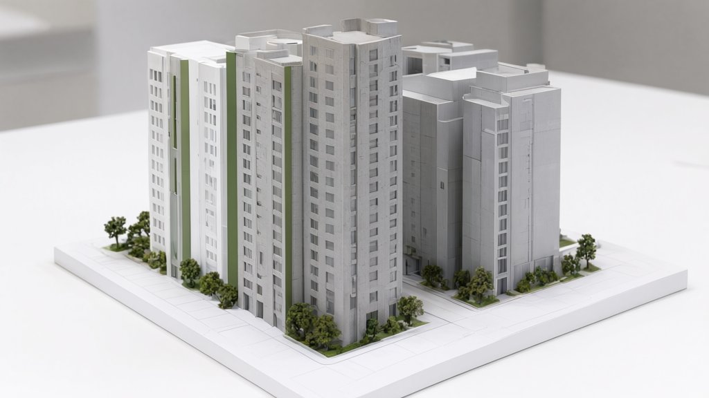Editorial illustration of Urban planning scale model for Florida Affordable Housing Changes in H1389: State Rules and Local Decisions