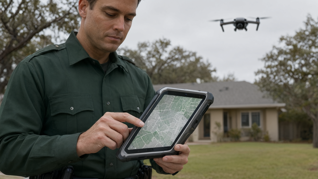 Editorial illustration of Officer with tablet and drone feed for What specific circumstances allow Florida police to obtain a warrant to use a drone for a search?