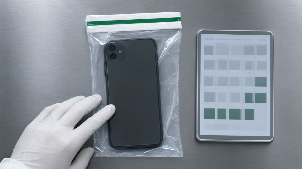 Editorial illustration of Seized smartphone in evidence bag for Florida Search Warrants in 2026: Devices, Drones, and Remote Applications