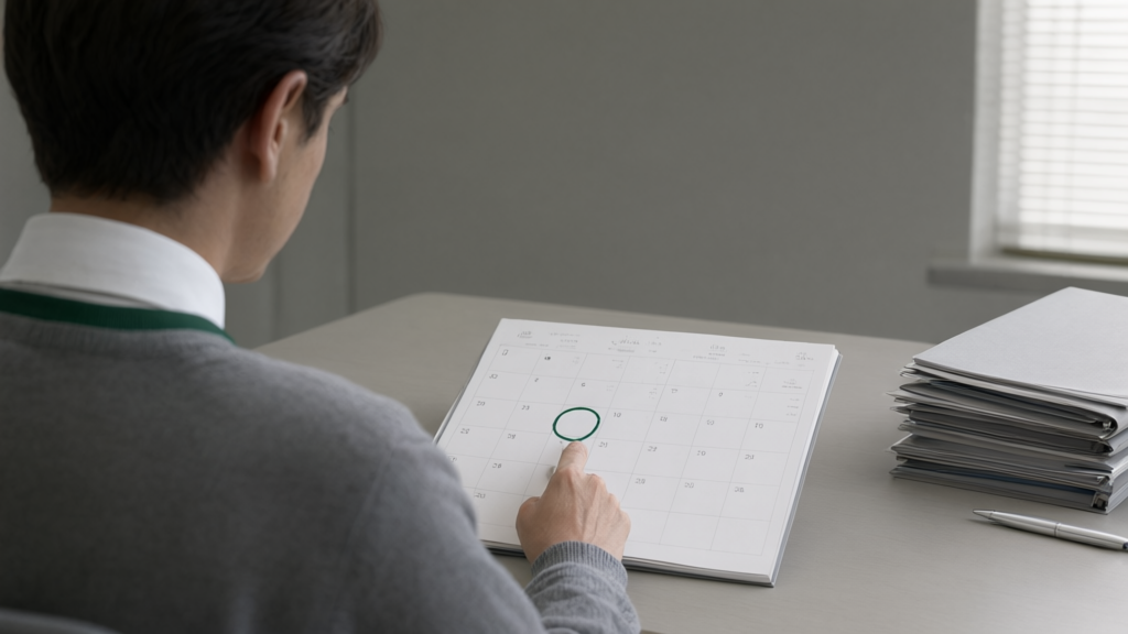 Editorial illustration of Administrator reviewing deadline calendar for When must the Illinois Department of Corrections finish recalculating release dates if the bill becomes law?