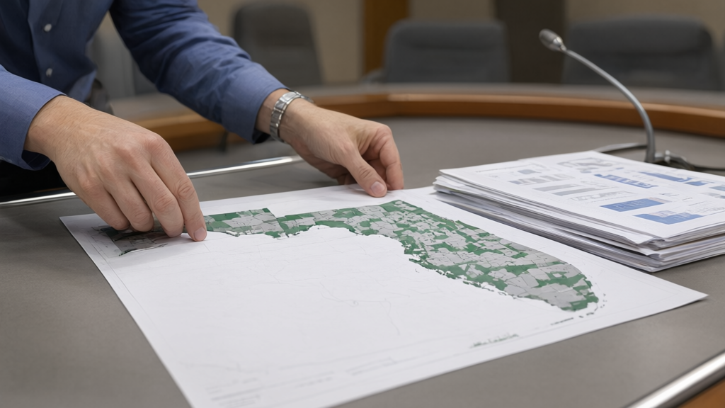 Editorial illustration of Legislative aide reviewing maps for Who sponsored the Florida congressional redistricting bill in the House?