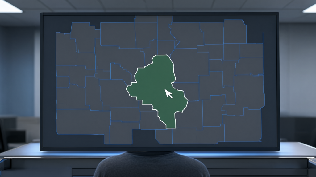 Editorial illustration of Digital map interface showing district boundaries for How did the Florida House and Senate vote on the final passage of the congressional redistricting bill?