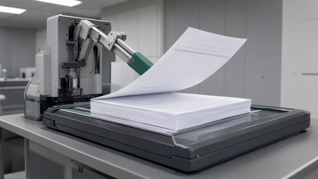 Editorial illustration of Ballots being processed by an optical scanner for How does House Bill 4707 define 'ranked choice voting' beyond just ranking candidates by preference?