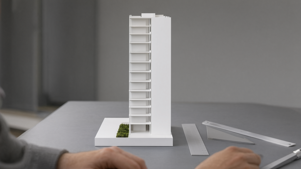 Editorial illustration of Architectural section model for What local height, setback, and stepback rules can counties and cities still apply to developments covered by H1389?
