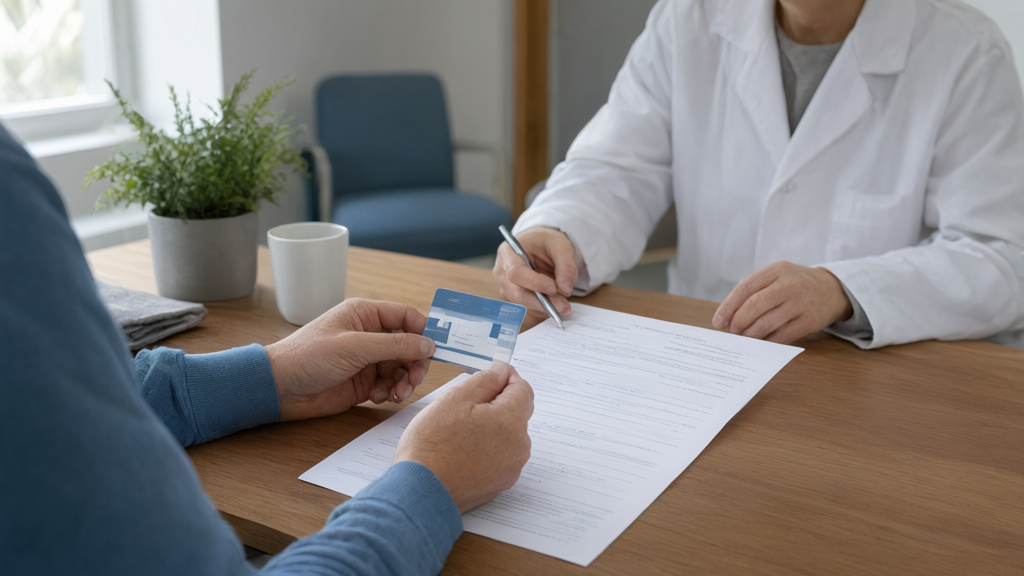 Editorial illustration of Patient with new insurance card and past records for Does the bill require insurers to cover reversal procedures for patients who switched insurance providers after their initial transition ca?
