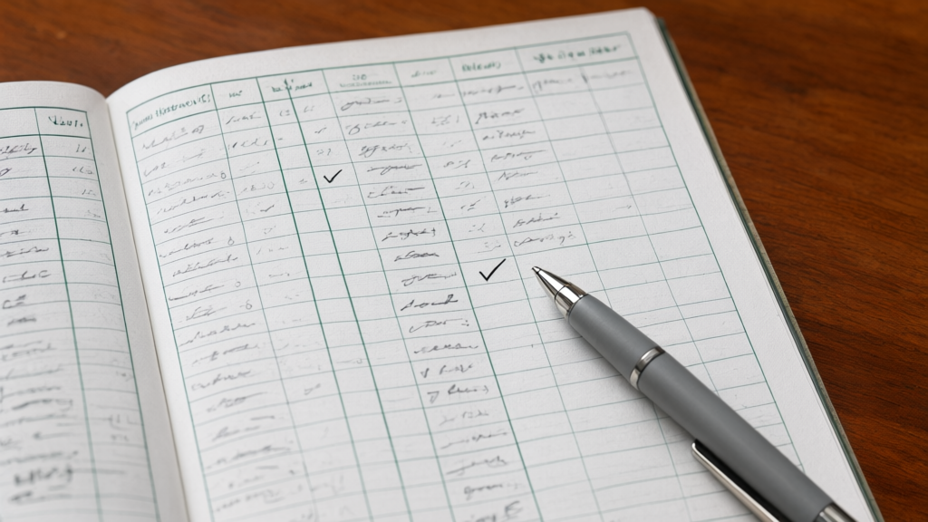 Editorial illustration of County retirement ledger entry for Michigan Law Allows Retired County Employees to Work in Sheriff and Prosecutor Offices Without Losing Pension