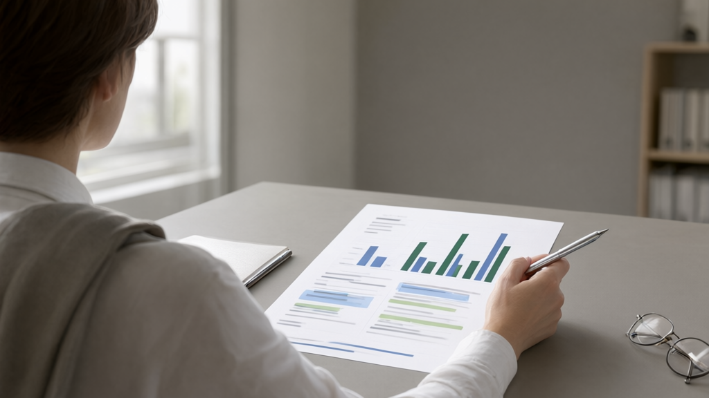 Editorial illustration of Administrator reviewing performance metrics for What specific accountability tools does HB 5003 use to ensure agencies spend funds correctly?
