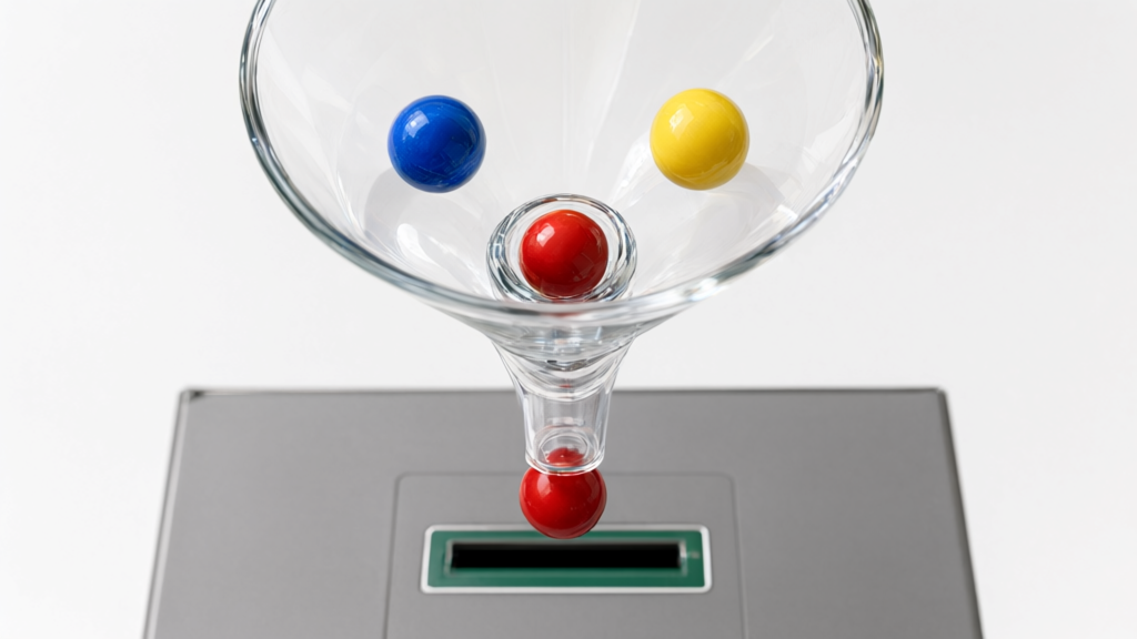 Editorial illustration of Marbles filtered through glass funnel for Which state agencies are required to verify citizenship before transmitting voter registration information under this bill?